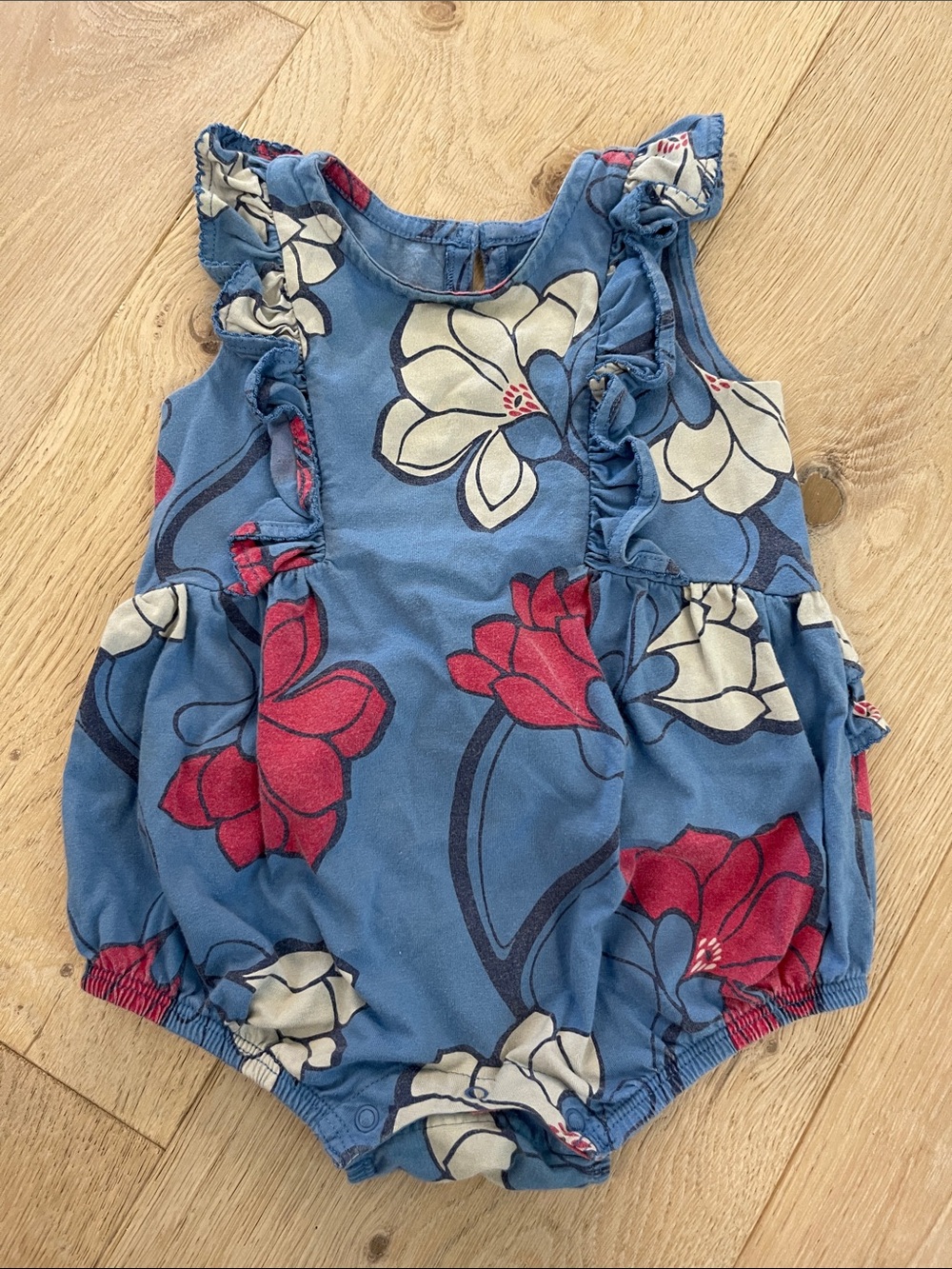 TEA Collection Blue Floral Ruffle Romper Size 6-9 months